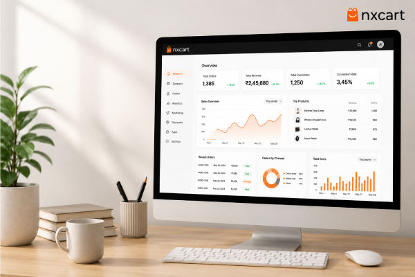 The Nxcart admin dashboard on a desktop &mdash; orders, revenue and analytics at a glance.